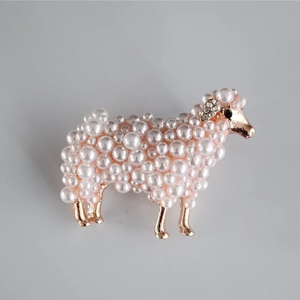 Sheep Brooch Faux Pearl and Rhinestone Goldtone Metal